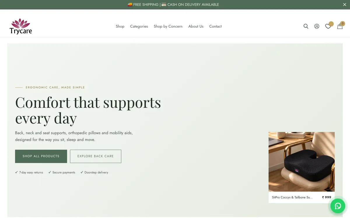 Trycare website on desktop